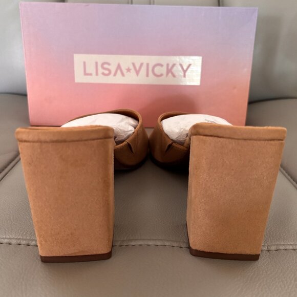 Lisa Vicky Vital - V  Tan Kid Suede Block Heel Slide Sandal Heels New in Box - Picture 5 of 9